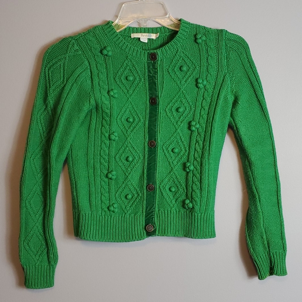 Boden Bobbles Cable 5-button green cardigan, US 4